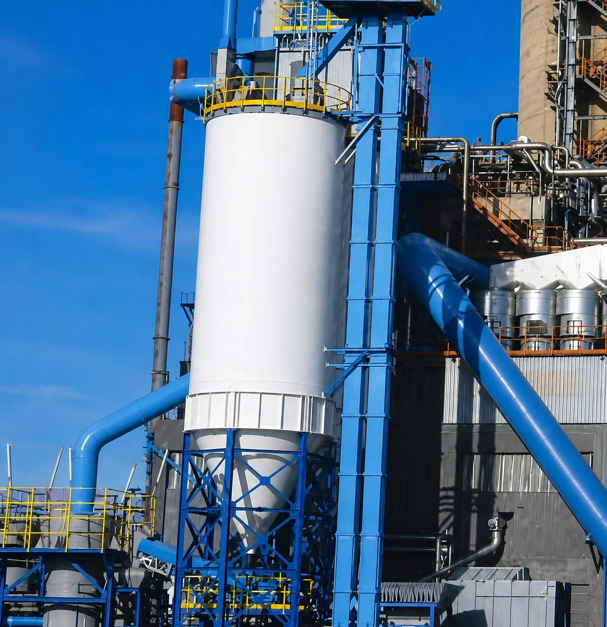Storage silos and bucket elevator manufactured by COMSPAIN for bulk solids handling